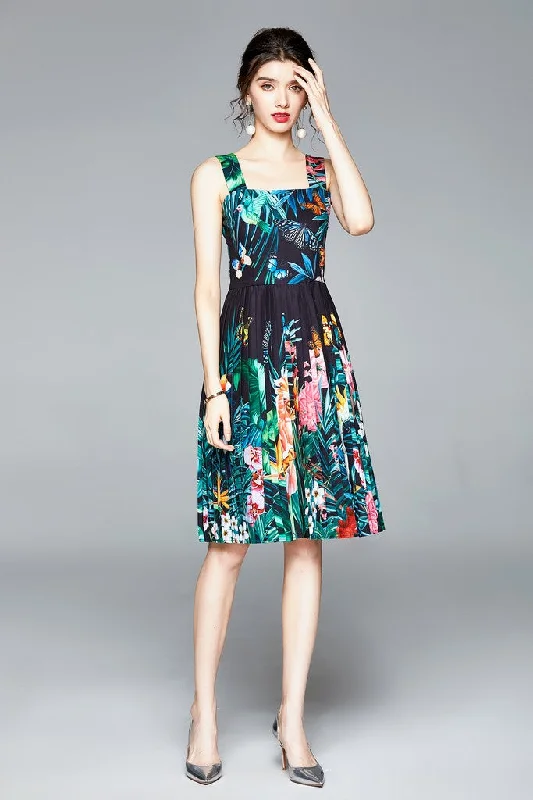 Black & Multicolor print A-line Off The Shoulder Strap Knee Printed Dress