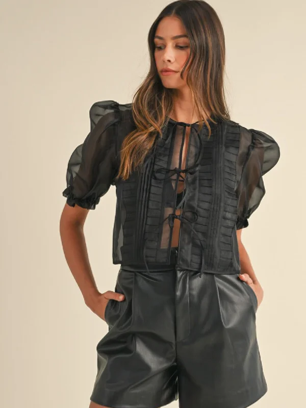 SHEER ORGANZA PUFF SLEEVE TOP - BLACK