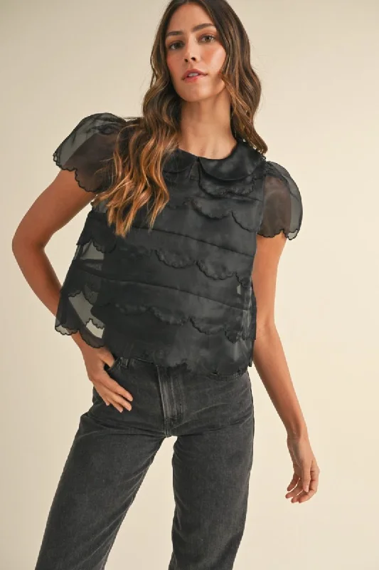 SHEER SCALLOPED TOP - BLACK