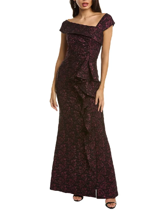 Teri Jon by Rickie Freeman Off-The-Shoulder Jacquard Gown