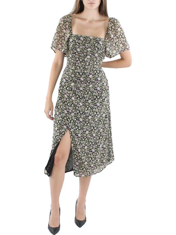 Womens Floral Print Calf Midi Dress