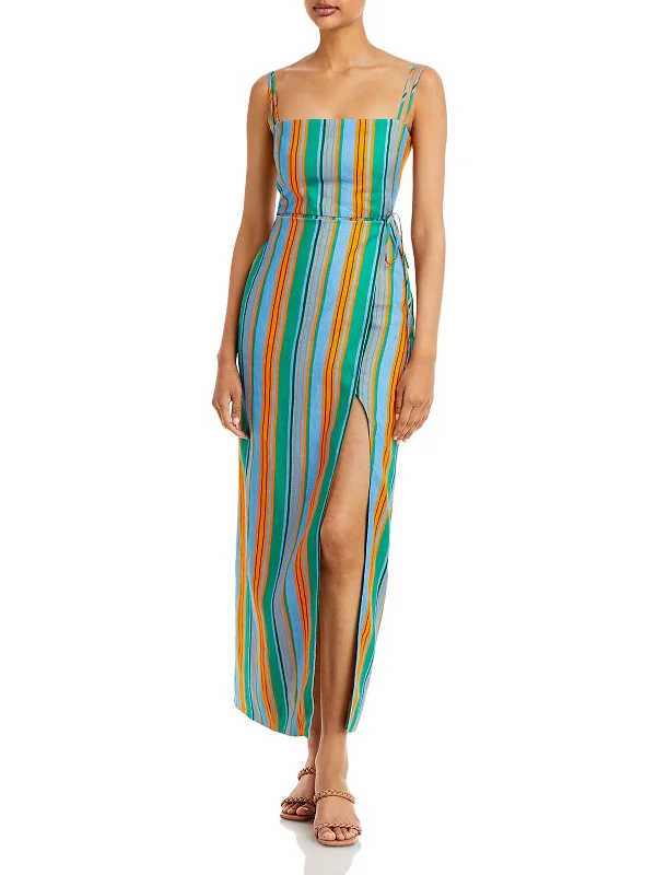 Womens Linen Striped Wrap Dress