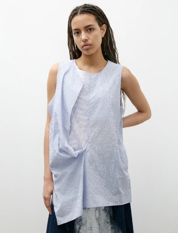 Front Drape Sleeveless Blouse Light Blue Stripes