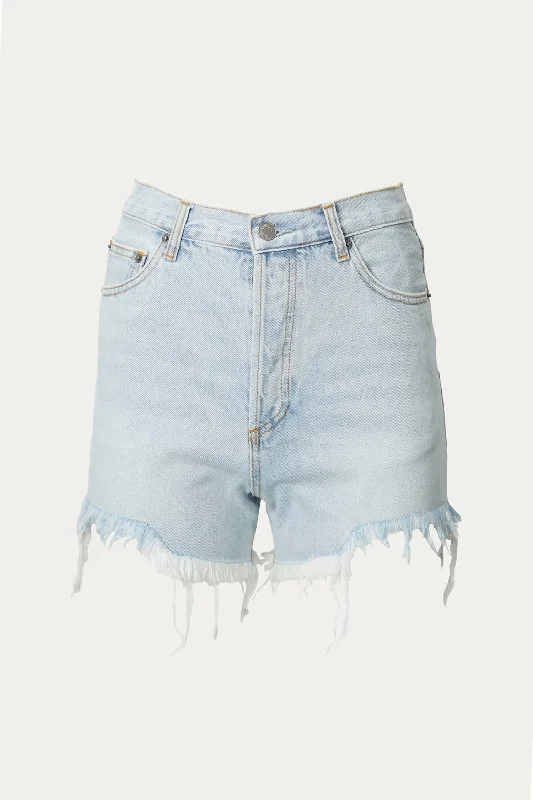 Distressed Frayed High-Rise Denim Shorts In Light Blue