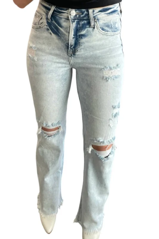 High Rise Distressed Straight Jeans In Light Acid