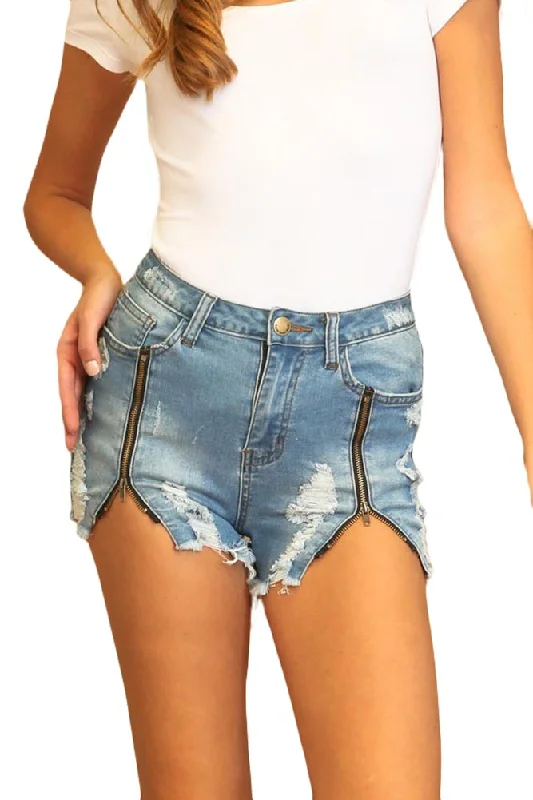 High Wasted Destroyed Zipper Shorts