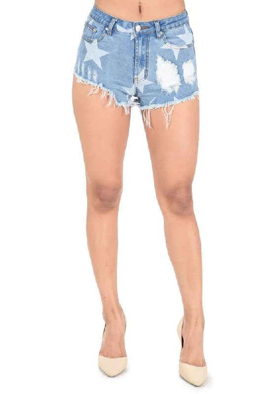 Women's Destroyed Star Print Denim Shorts