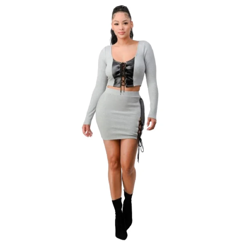 2 Piece Set With Cropped Long Sleeve Shirt With Pu Leather Detail Matching Mini Skirt