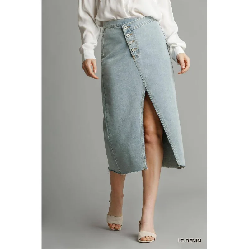 Asymmetrical Waist And Button Up Front Split Denim Skirt With Back Pockets And Unfinished Hem