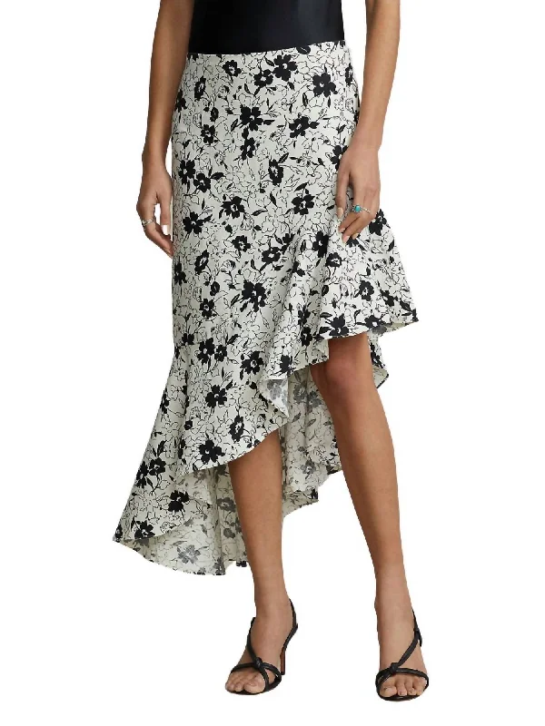 Floral Ruffed Asymmetrical Linen Skirt In Black/white