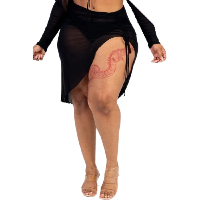 Plus Sexy Sheer Mesh Drawstring Ruched Skirt