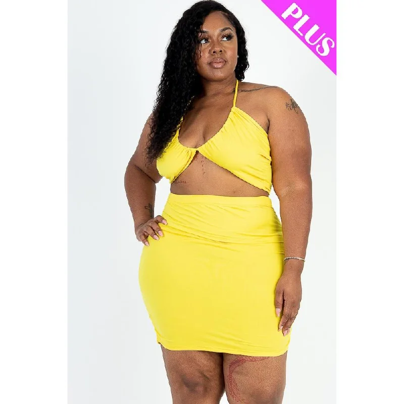 Plus Size Sexy Solid Crisscross Halter Top & Ruched Mini Skirt Set