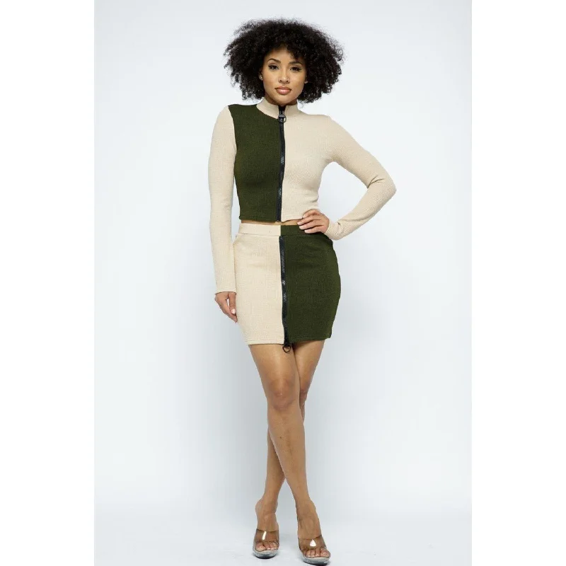 Rib Color Block Mock Neck Long Sleeve High-waist Mini Skirt With Front Zipper Set