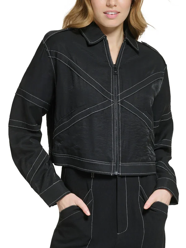 Womens Crinkle Topstitched Shirt Jacket