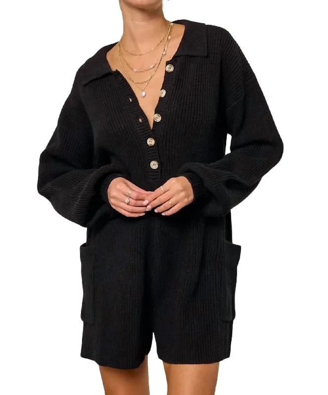 Buttoned Sweater Knit Romper In Black