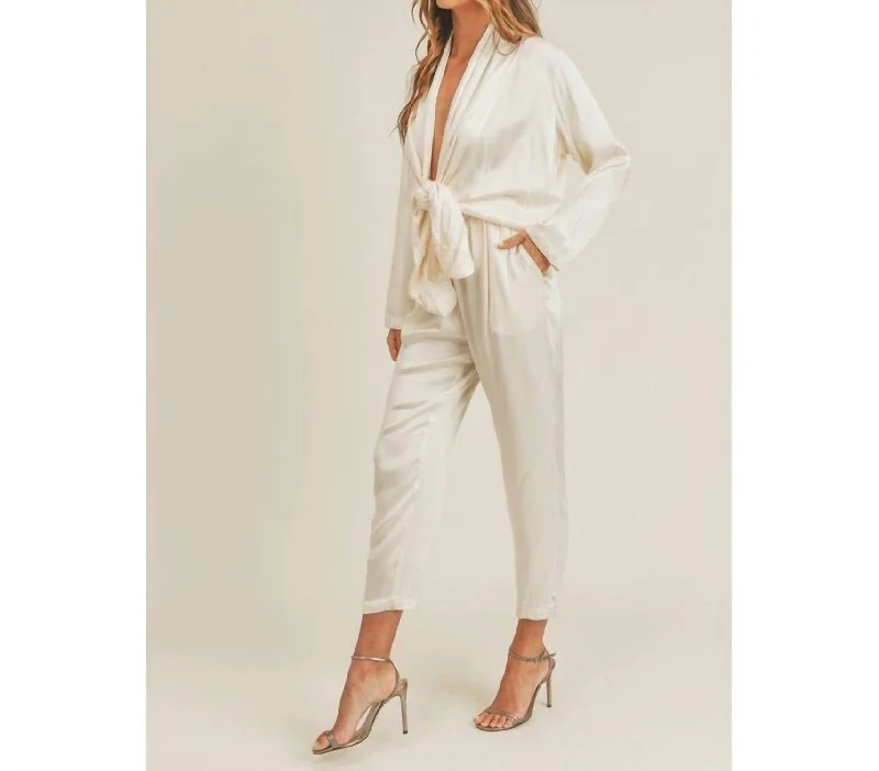 Satin Tie Front Jumpsuit In Ivory