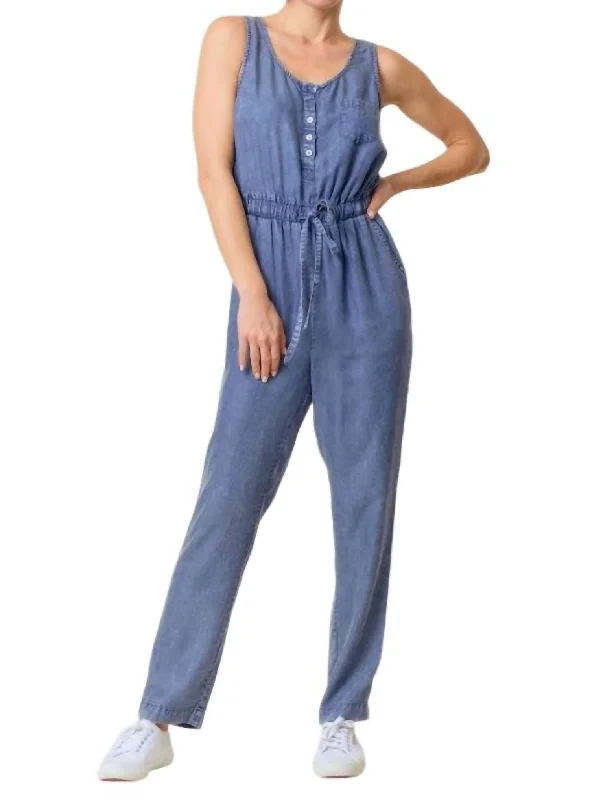 Scoop Neckline Sleeveless Drawstring Waist Henley Jumpsuit With Front Pocket In Dark Denim