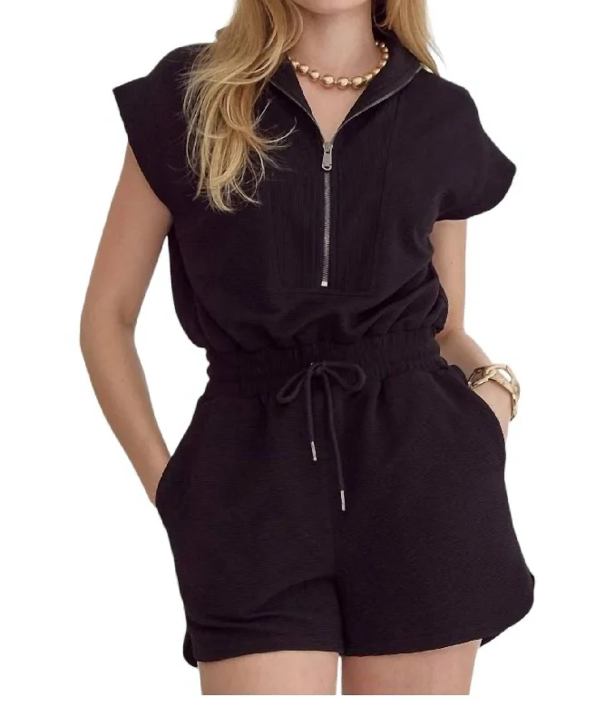 Textured Collared Romper In Black