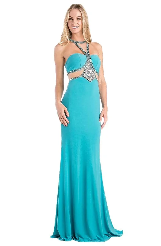 Cinderella Divine - CP812 Jeweled Sheer Midriff Sheath Gown