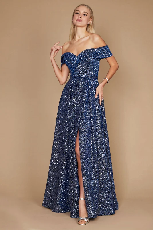 Dylan & Davids Long Off Shoulder Glitter Prom Dress Royal