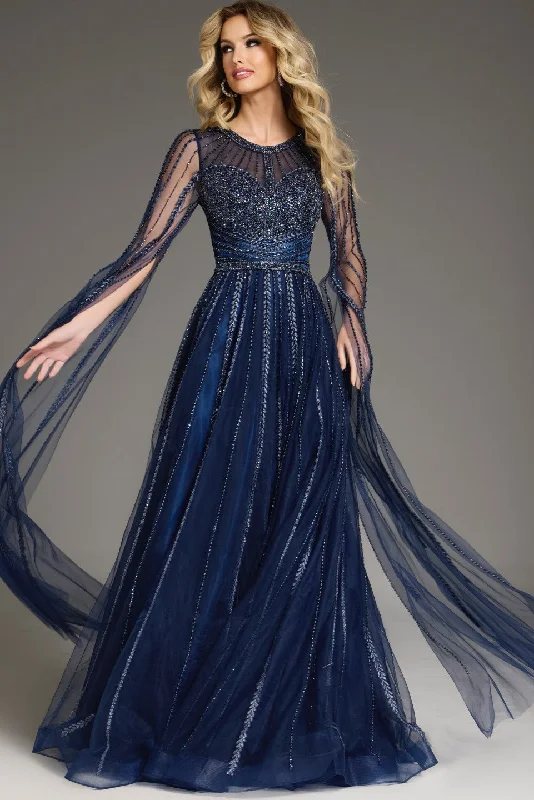 Jovani 40629 Long A Line Beaded Formal Cape Sleeve Dress