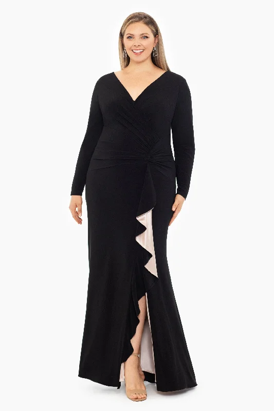 Plus "Trudy"  Long Sleeve Jersey Knit Contrast Lining Gown