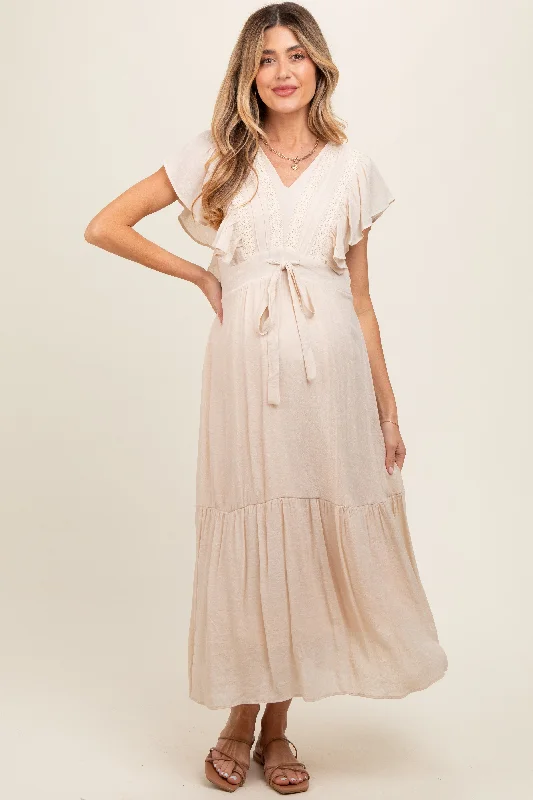 Cream Cuffed Sleeve Front Tie Maternity Maxi Dress