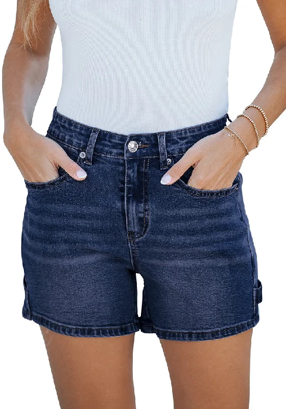 Dark Blue Women's High Waisted Distressed Denim Jeans Stretchy Summer Casual Shorts