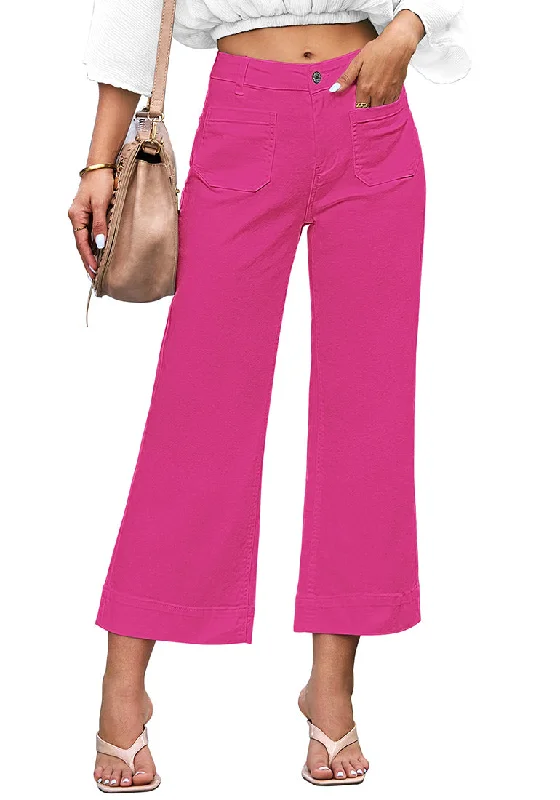 Hot Pink 2024 Women's High Waisted Long Denim Wide Leg Pockets Cropped Pants Jeans Trouser