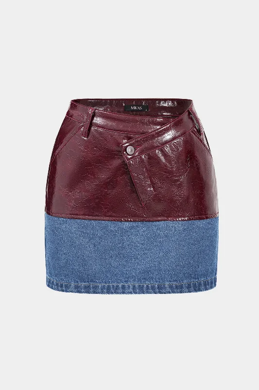 Patchwork Denim Asymmetrical Faux Leather Skirt