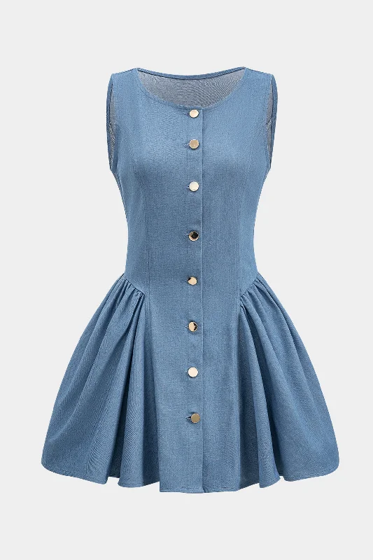 Denim Button Ruched Sleeveless Denim Dress