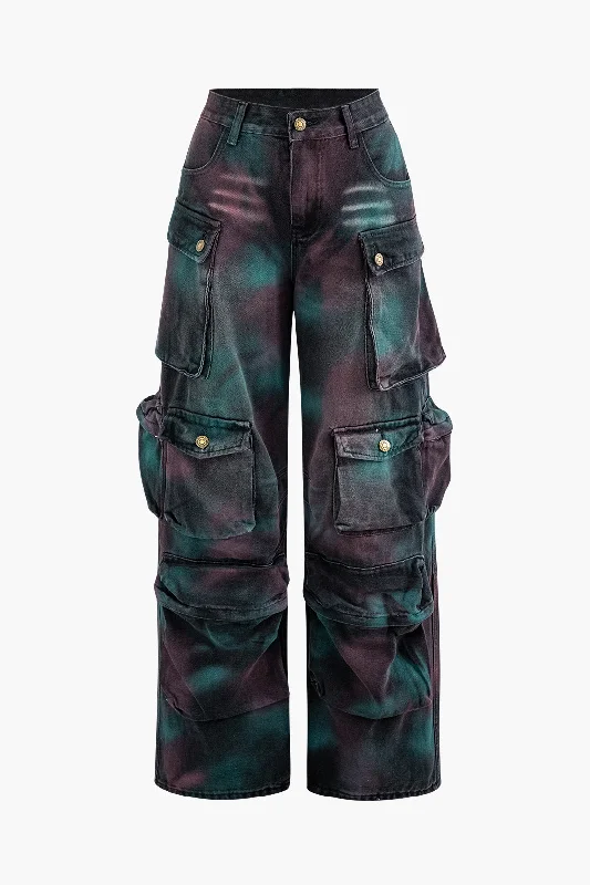 Tie Dye Multi Pocket Straight Leg Cargo Jeans