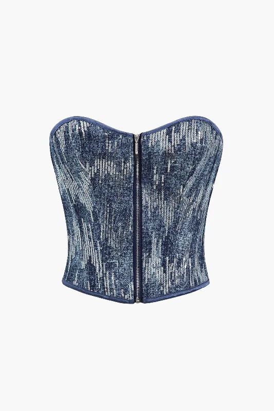 Denim Corset Sequin Zipper Tube Top