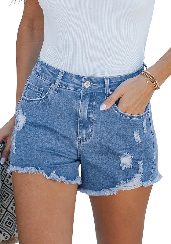 Medium Blue Women's High Waisted Denim Distressed Jeans Shorts Frayed Raw Hem Ripped Shorts