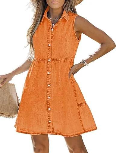 Vibrant Orange Denim Dress for Women Sleeveless Babydoll Button Down Short Jean Dresses Cute Summer