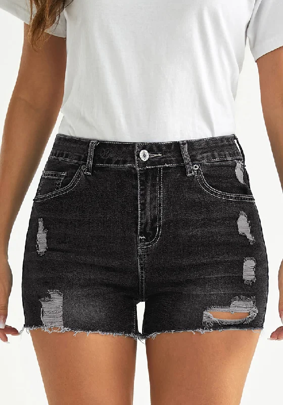 Washed Black Women's High Waisted Distressed Denim Jeans Shorts Ripped Raw Hem Jean Shorts