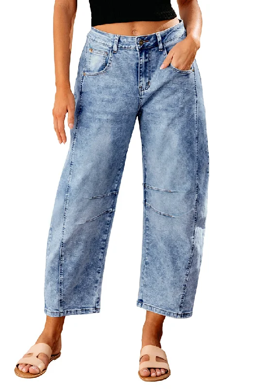 Women's Cropped Denim High Waisted Jeans Pull On Straight Leg Stretch Barrel Jeans