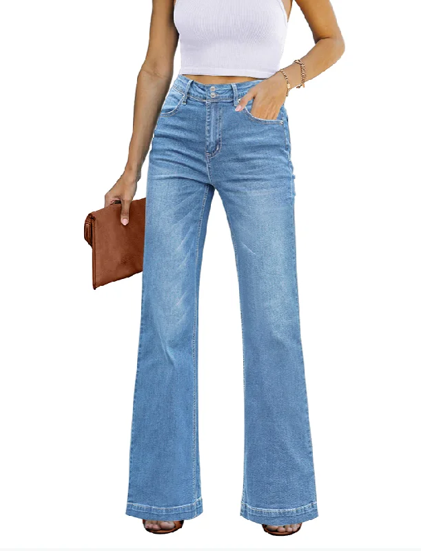 Women's Flare Full Length High Rise Denim Relaxed Fit Wide Leg Jeans